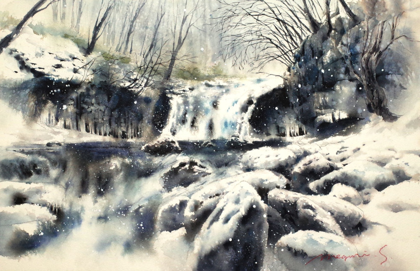 bare_tree bush cloud cloudy_sky dead_plants fog forest highres nature no_humans original painting_(medium) rock scenery shimizu_megumi_(m_acquerello) sky snow snowing sunlight traditional_media tree water watercolor_(medium) waterfall