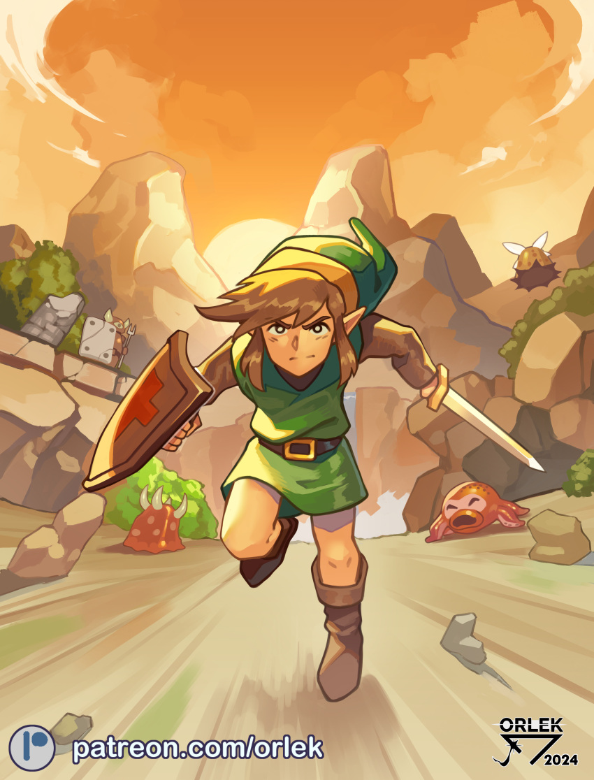 1boy absurdres armos artist_name belt boots brown_footwear cliff cloud commentary creature determined english_commentary foliage full_body green_hat green_tunic hat highres holding holding_shield holding_sword holding_weapon horns leever light_brown_hair link looking_at_viewer male_focus medium_hair mountain octorok one-eyed orlek outdoors patreon_username peahat pointy_ears pointy_hat redrawn rock running running_towards_viewer shield sidelocks sky solo_focus spikes sun sword tentacles the_legend_of_zelda water waterfall weapon