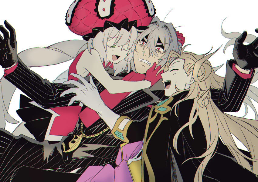 1girl 2boys antonio_salieri_(fate) antonio_salieri_(second_ascension)_(fate) arms_up ascot black_gloves black_jacket black_pants blonde_hair blush clenched_teeth closed_eyes constricted_pupils curly_hair dress fate/grand_order fate_(series) gloves grey_hair group_hug hair_between_eyes hair_intakes hat highres hug jacket jewelry kimidorix32 long_hair marie_antoinette_(fate) multiple_boys open_mouth pants pendant pinstripe_pattern pinstripe_suit red_ascot red_dress red_eyes red_gloves red_hair red_hat red_scarf scarf shaded_face simple_background sleeveless sleeveless_dress smile striped_suit suit sweat teeth twintails v-shaped_eyebrows white_background white_gloves wolfgang_amadeus_mozart_(fate)