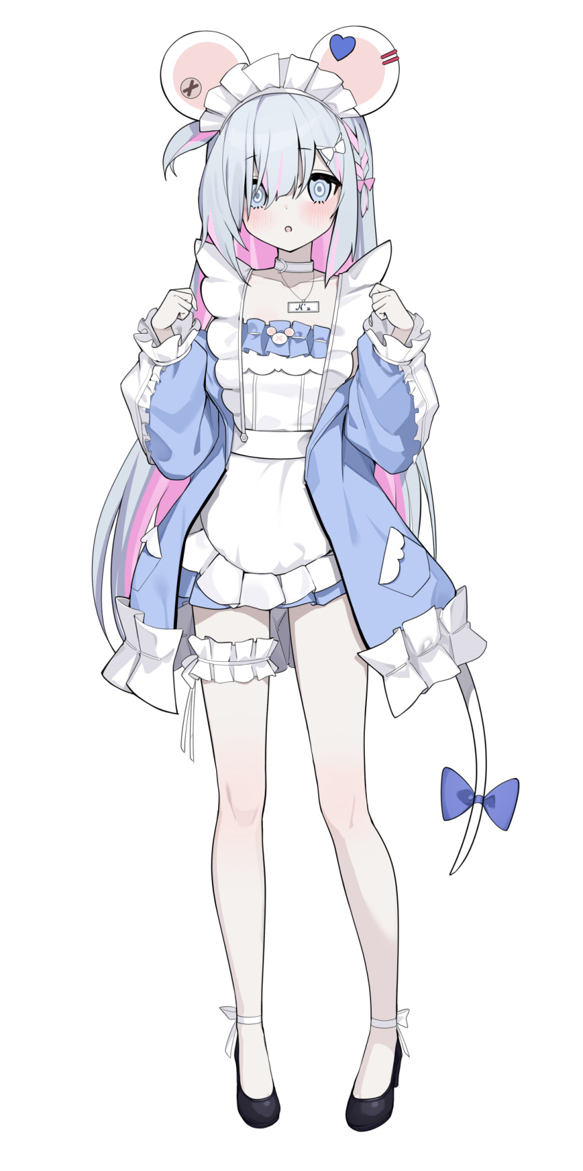 1girl :o animal_ears apron black_footwear blue_bow blue_eyes blue_jacket blush bow braid choker collarbone commentary_request ear_piercing frilled_apron frilled_sleeves frills full_body grey_hair hair_bow hands_up heart highres jacket jersey_maid long_hair long_sleeves looking_at_viewer maid maid_apron maid_headdress mouse_ears mouse_girl mouse_tail multicolored_hair off_shoulder ohihil one_side_up open_clothes open_jacket original parted_lips piercing pink_bow pink_hair puffy_long_sleeves puffy_sleeves shoes simple_background sleeves_past_wrists solo standing tail tail_bow tail_ornament track_jacket two-tone_hair unconventional_maid very_long_hair white_apron white_background white_bow white_choker