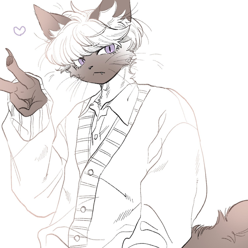 1boy :&lt; animal_ear_fluff animal_ears body_fur cardigan cat cat_boy cat_ears cat_tail claws closed_mouth collared_shirt fang fang_out furry furry_male genderswap genderswap_(ftm) hand_up highres long_sleeves looking_at_viewer male_focus original partially_colored purple_eyes rata_(norahasu) shirt short_hair siamese_cat simple_background slit_pupils tail tiara_(norahasu) upper_body v very_short_hair whiskers white_background