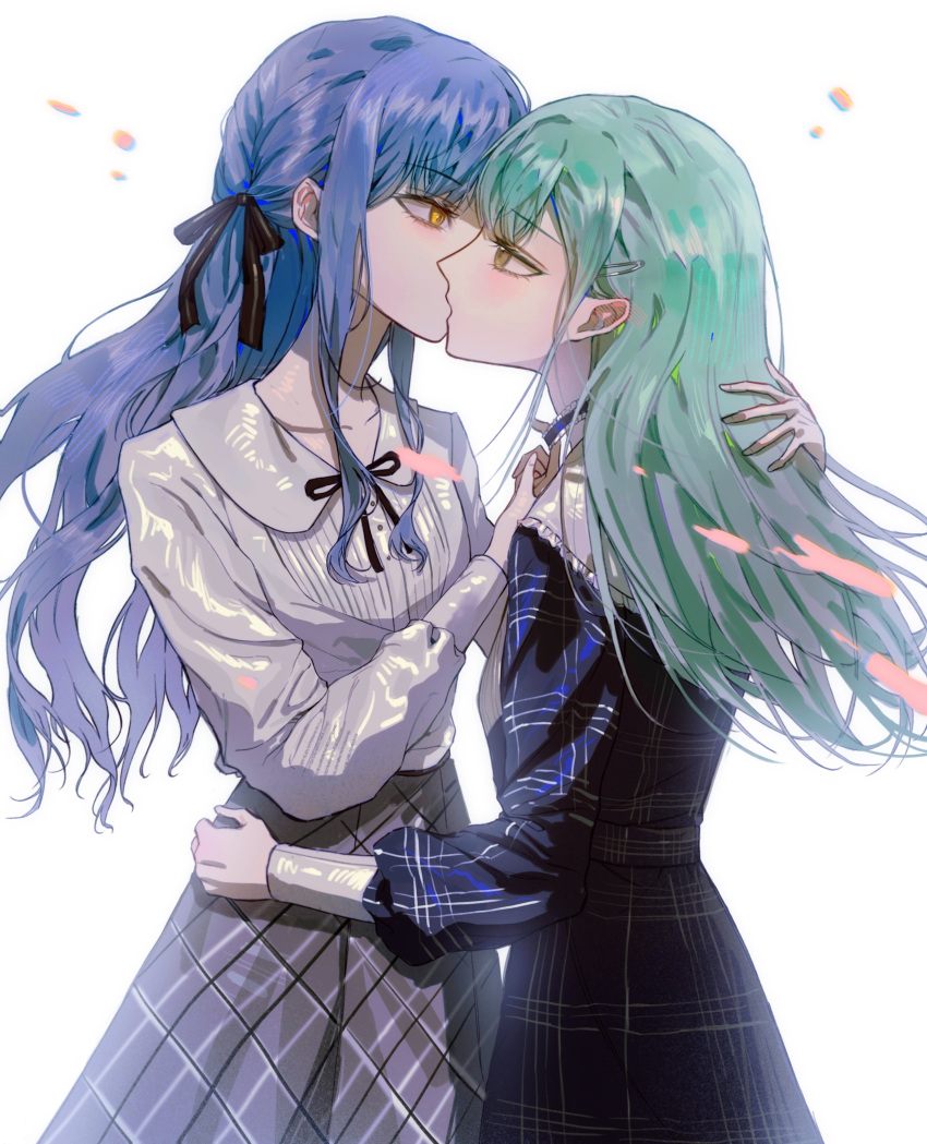 2girls absurdres bang_dream! bang_dream!_it's_mygo!!!!! black_ribbon blue_choker blue_hair choker choker_pull commentary eye_contact green_hair grey_skirt hair_ornament hairclip hand_on_another's_back hashtag-only_commentary highres kiss long_hair long_sleeves looking_at_another multiple_girls neck_ribbon plaid plaid_skirt ribbon shirt simple_background skirt tianzhongdouyi1 togawa_sakiko wakaba_mutsumi white_background white_shirt yellow_eyes yuri