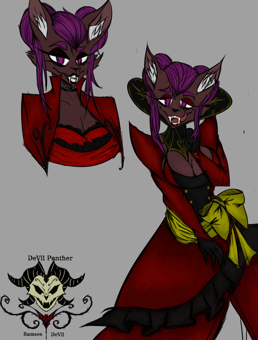 absurd_res anthro bat big_collar big_fangs black_and_red_outfit breasts classy clothing devilpanther dress fangs female hair henrietta_(devilpanther) hi_res long_hair mammal medium_breasts pink_eyes purple_body purple_hair purple_skin red_clothing red_dress smile solo teeth tired_eyes victorian_style