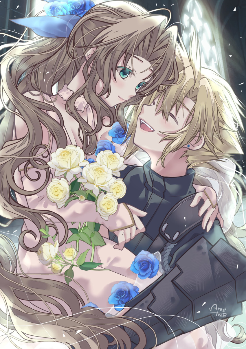 1boy 1girl aerith_gainsborough aerith_gainsborough_(prism_dress) aqua_eyes arestear0701 arm_around_shoulder armor artist_name black_shirt blonde_hair blue_flower blue_ribbon blue_rose bouquet breasts brown_hair church cleavage closed_eyes closed_mouth cloud_strife cloud_strife_(murasame) colored_eyelashes couple detached_sleeves dress dress_flower earrings final_fantasy final_fantasy_vii final_fantasy_vii_ever_crisis flower hair_between_eyes hair_flower hair_ornament hair_ribbon hetero highres holding holding_bouquet japanese_armor jewelry long_dress long_hair medium_breasts official_alternate_costume open_mouth parted_bangs ponytail ribbon rose shirt short_hair sidelocks single_earring smile spiked_hair turtleneck upper_body wavy_hair white_dress white_flower white_rose white_sleeves