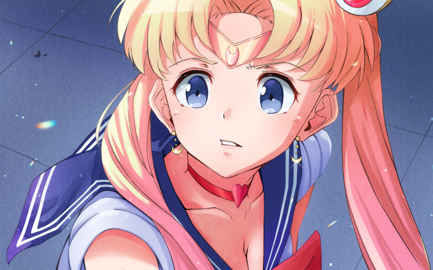 1girl absurdres bishoujo_senshi_sailor_moon blonde_hair blue_eyes blue_sailor_collar breasts choker circlet cleavage collarbone crescent crescent_earrings diadem double_bun earrings gold_earrings hair_bun hair_over_shoulder heart heart_choker highres hmc jewelry light_particles long_hair magical_girl meme parted_bangs parted_lips red_choker sailor_collar sailor_moon sailor_moon_redraw_challenge_(meme) sailor_senshi_uniform short_sleeves solo sweatdrop tile_floor tiles tsukino_usagi twintails upper_body