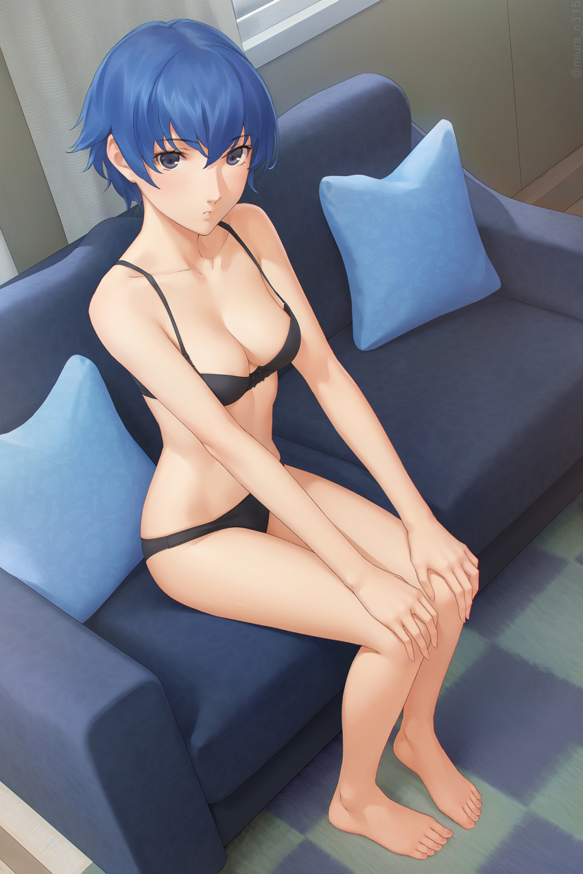 1girl barefoot black_bra black_panties blue_hair bra breasts couch full_body grey_eyes hair_between_eyes hands_on_own_knees highres indoors medium_breasts miura-n315 on_couch panties persona persona_4 pillow shirogane_naoto solo strap_gap underwear underwear_only