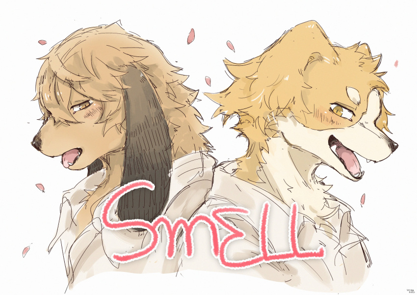 2boys absurdres animal_ears cherry_blossoms copyright_name dog_boy dog_ears falling_petals fangs furry furry_male hashtag-only_commentary highres joseph_(smell) male_focus multiple_boys noi_(smell) open_mouth petals profile shirt sisijimakarashi smell_(nagabe) tongue tongue_out upper_body white_background white_shirt