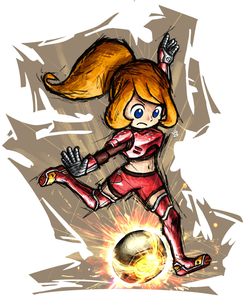 1girl absurdres arm_up armor ball blue_eyes highres kicking long_hair mario_(series) mario_strikers midriff mona_(warioware) navel orange_hair plasticity ponytail red_armor red_shorts shorts soccer_ball sportswear warioware