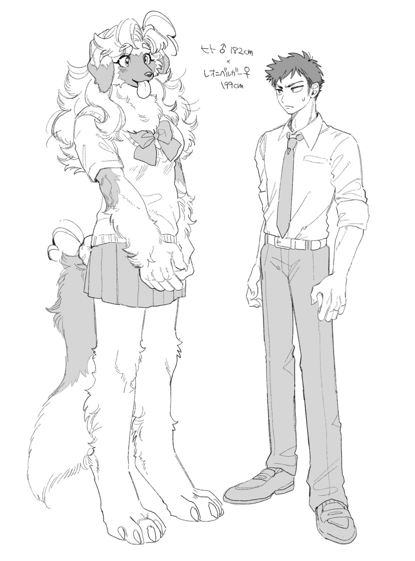 1boy 1girl animal_ears animal_feet body_fur bow bowtie claws collared_shirt commentary_request dog_ears dog_girl dog_tail full_body furry furry_male greyscale highres long_hair looking_at_another monochrome necktie open_mouth original own_hands_together pants rata_(norahasu) school_uniform shirt shoes short_hair short_sleeves simple_background skirt standing tail tongue tongue_out very_short_hair white_background