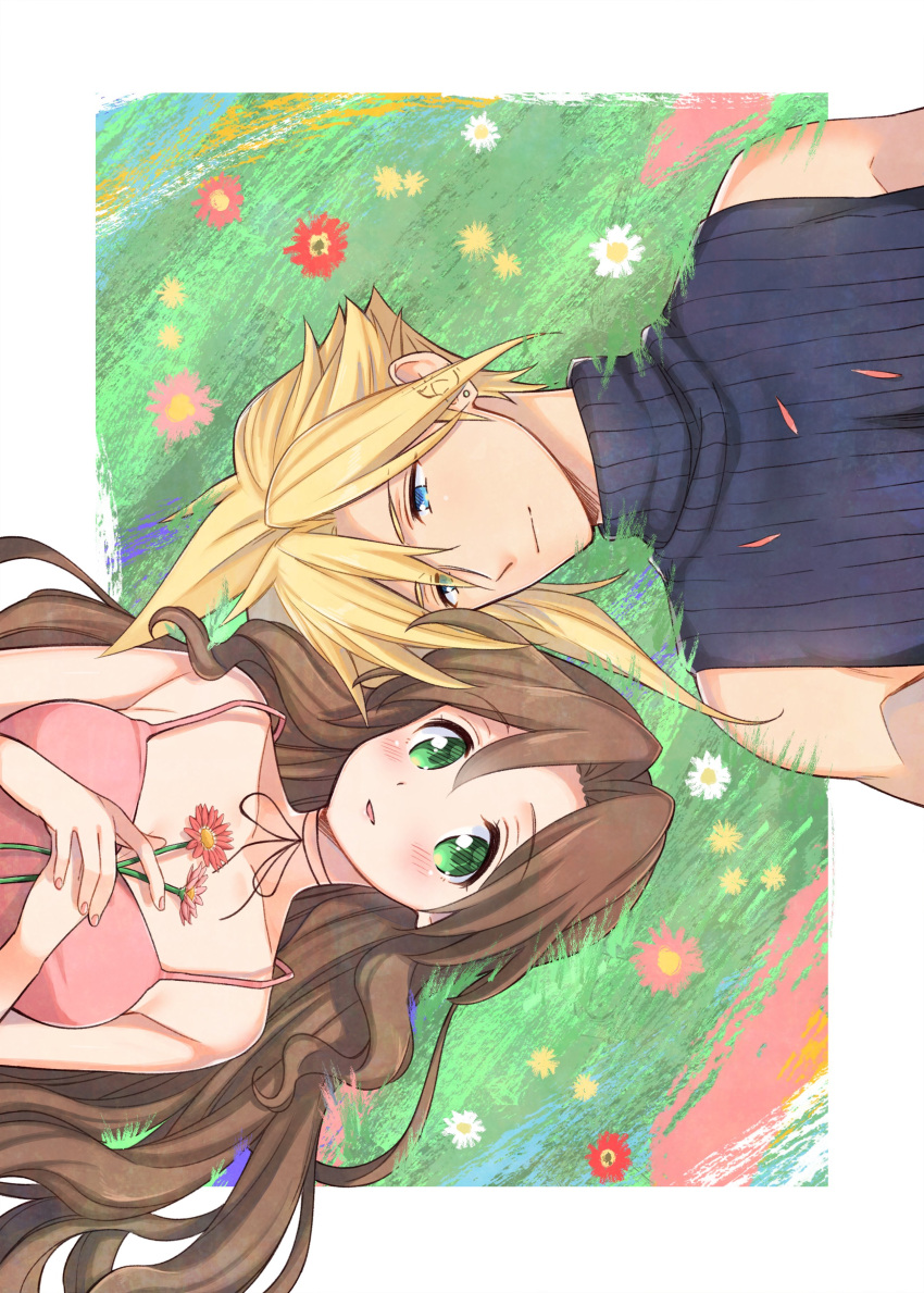 1boy 1girl absurdres aerith_gainsborough bare_shoulders blonde_hair blue_eyes blue_shirt blush border breasts brown_hair choker closed_mouth cloud_strife collarbone couple dress earrings final_fantasy final_fantasy_vii flower green_eyes hair_between_eyes hands_on_own_chest hetero highres holding holding_flower jewelry krudears long_hair looking_at_another looking_at_viewer lying medium_breasts on_back own_hands_together parted_bangs parted_lips pink_dress ribbon_choker shirt short_hair sidelocks single_earring sleeveless sleeveless_dress sleeveless_turtleneck smile spaghetti_strap spiked_hair turtleneck upper_body wavy_hair white_border
