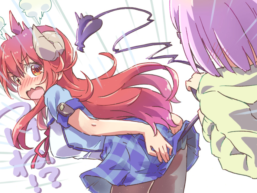 !? 2girls ahoge angry arms_behind_back black_pantyhose blue_shirt blush brown_hair chiyoda_momo clothes_lift commentary curled_horns demon_girl demon_horns demon_tail embarrassed expressive_tail fang from_side hair_between_eyes highres horns icorasama leaning_forward long_hair looking_at_viewer looking_back machikado_mazoku miniskirt multiple_girls nose_blush open_mouth pantyhose pink_hair plaid plaid_skirt prank puff_of_air red_hair school_uniform shirt short_hair short_sleeves sidelocks skin_fang skirt skirt_lift skirt_tug tail tail_grab tail_raised tareme v-shaped_eyebrows very_long_hair yoshida_yuuko_(machikado_mazoku)