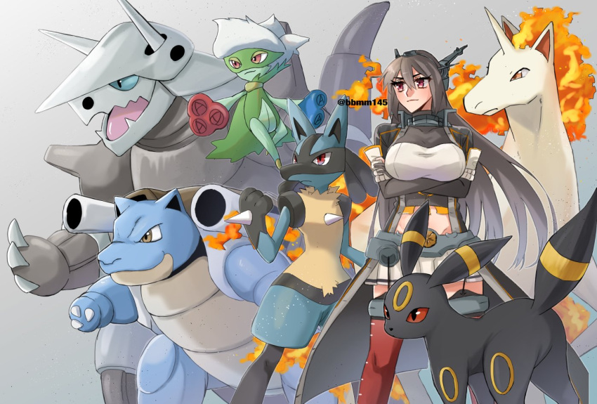 1girl aggron arms_under_breasts black_gloves black_hair blastoise blue_sclera breasts brown_eyes closed_mouth colored_sclera crossed_arms crossover elbow_gloves fire gloves grey_background headgear kantai_collection large_breasts long_hair lucario machi_(ritovoyage) nagato_(kancolle) nagato_kai_ni_(kancolle) open_mouth partially_fingerless_gloves pleated_skirt pokemon pokemon_(creature) rapidash red_eyes red_sclera roserade simple_background skirt twitter_username umbreon very_long_hair white_skirt