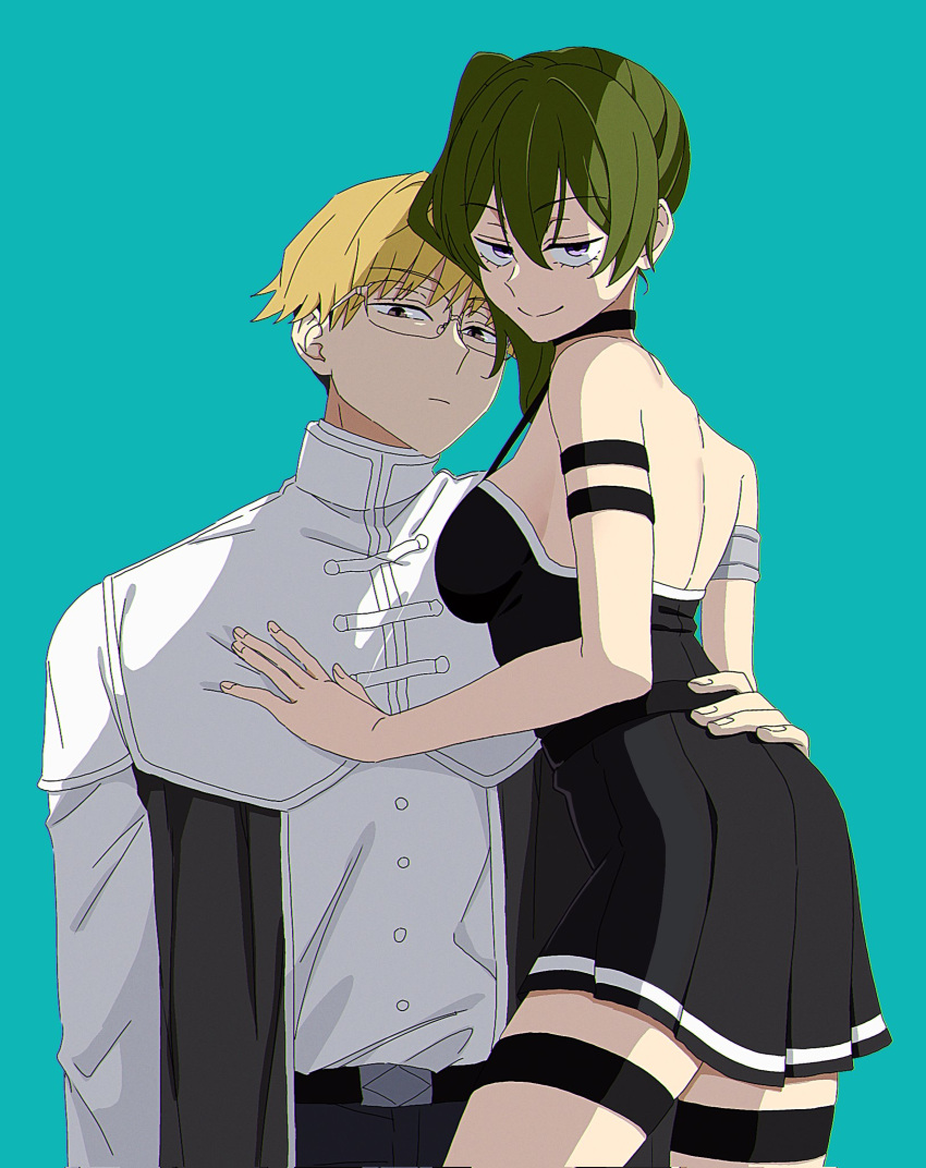1boy 1girl arm_strap bare_back bare_shoulders black_choker black_dress blonde_hair choker collared_tunic dress expressionless glasses green_dress green_hair hair_between_eyes half-closed_eyes hand_on_another's_ass hand_on_another's_chest hand_on_another's_waist highres hikentai0112 land_(sousou_no_frieren) looking_at_viewer pleated_dress purple_eyes shaded_face short_hair side_ponytail sidelocks simple_background sleeveless sleeveless_dress smile sousou_no_frieren thigh_strap ubel_(sousou_no_frieren) white_tunic