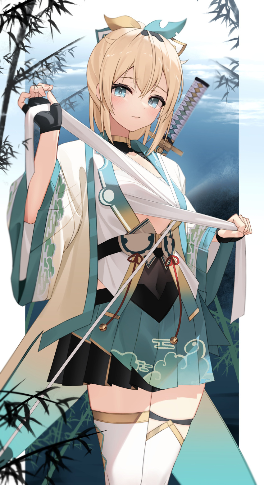 1girl absurdres aqua_eyes black_thighhighs blonde_hair chest_sarashi closed_mouth covered_navel fingerless_gloves gloves hair_ornament hand_up highres hololive japanese_clothes katana kazama_iroha leaf_hair_ornament long_sleeves looking_at_viewer medium_hair ponytail sarashi sidelocks skirt solo standing sword thighhighs thomas_8000 virtual_youtuber weapon white_thighhighs wide_sleeves