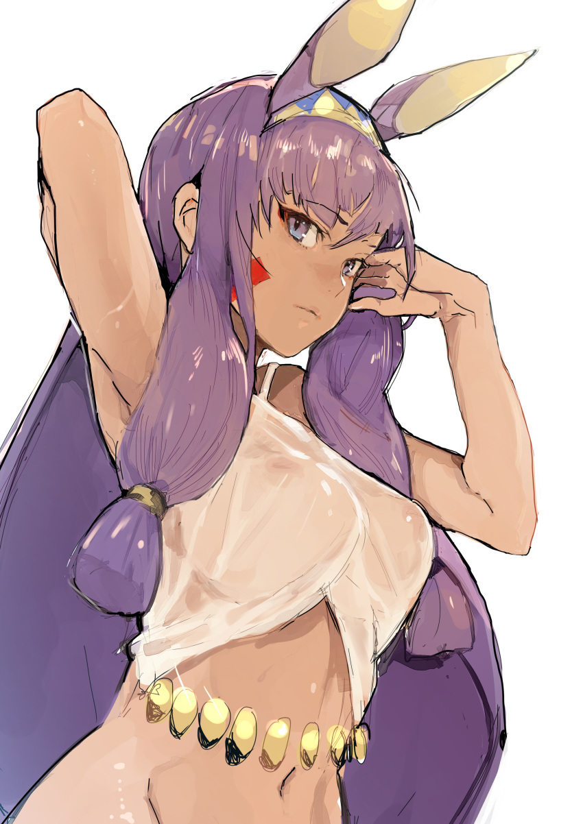 1girl absurdres bob_cut breasts cup expressionless fate/grand_order fate_(series) fingerless_gloves gloves highres hikima hiranko holding japanese_clothes kimono looking_ahead nail_polish navel nitocris_(fate/grand_order) oni_horns purple_hair purple_kimono purple_nails revealing_clothes sakazuki short_eyebrows short_hair small_breasts