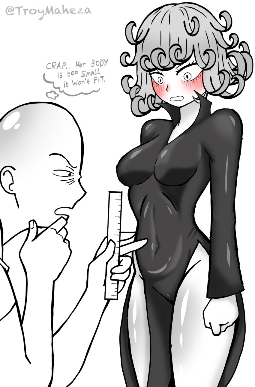 1boy 1girl bald blush breasts commentary covered_navel dress english_commentary english_text greyscale highres holding_ruler long_dress medium_breasts medium_hair monochrome one-punch_man penis_measuring pointing saitama_(one-punch_man) side_slit spot_color tatsumaki thought_bubble troymaheza twitter_username