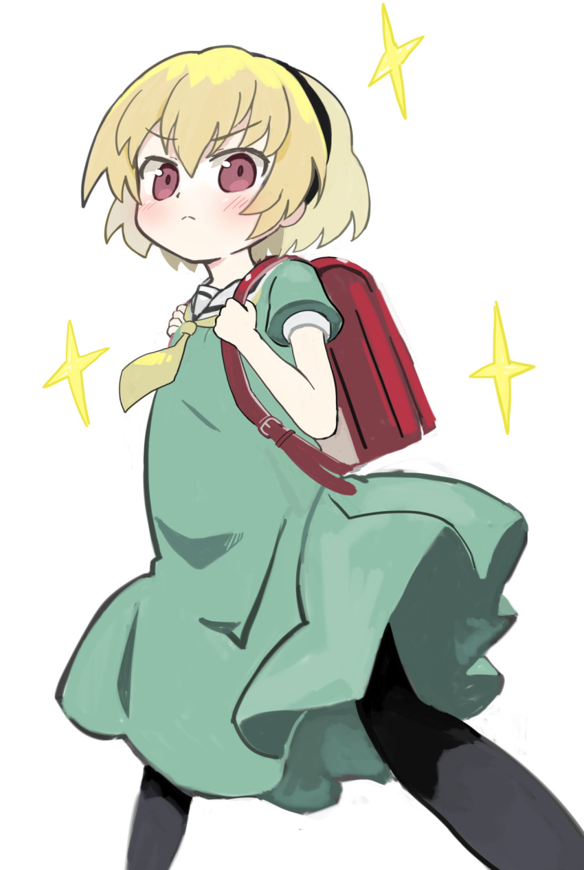 &gt;:( 1girl backpack bag black_hairband black_pantyhose blonde_hair blush brown_eyes closed_mouth commission dress green_dress hair_between_eyes hairband hands_up highres higurashi_no_naku_koro_ni holding_strap houjou_satoko kibisake light_frown pantyhose puffy_short_sleeves puffy_sleeves randoseru sailor_collar sailor_dress short_sleeves simple_background skeb_commission solo sparkle standing v-shaped_eyebrows white_background white_sailor_collar