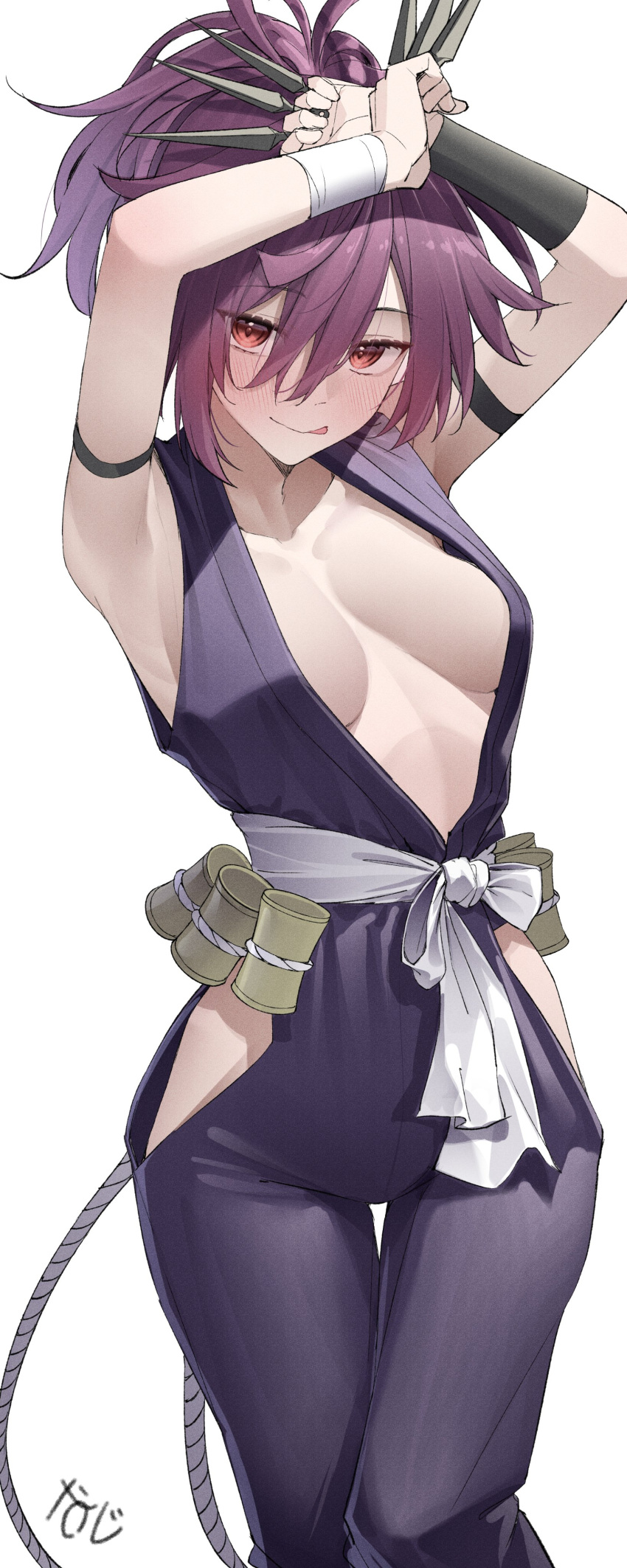 1girl absurdres arm_strap armpits arms_up bare_shoulders blush breasts detached_sleeves high_ponytail highres hip_vent jigokuraku kawai_ritsu_(rits_meg) kunai looking_at_viewer medium_breasts medium_hair ninja purple_hair red_eyes rope sideless_outfit smile solo thighs tongue tongue_out weapon yuzuriha_(jigokuraku)