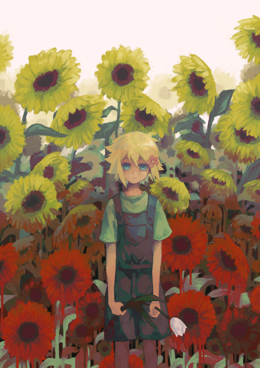 1boy basil_(faraway)_(omori) basil_(omori) blonde_hair blue_eyes blue_overalls closed_mouth expressionless flower green_shirt hair_flower hair_ornament highres holding holding_flower looking_at_viewer moashizka omori overall_shorts overalls shirt short_hair short_sleeves solo sunflower