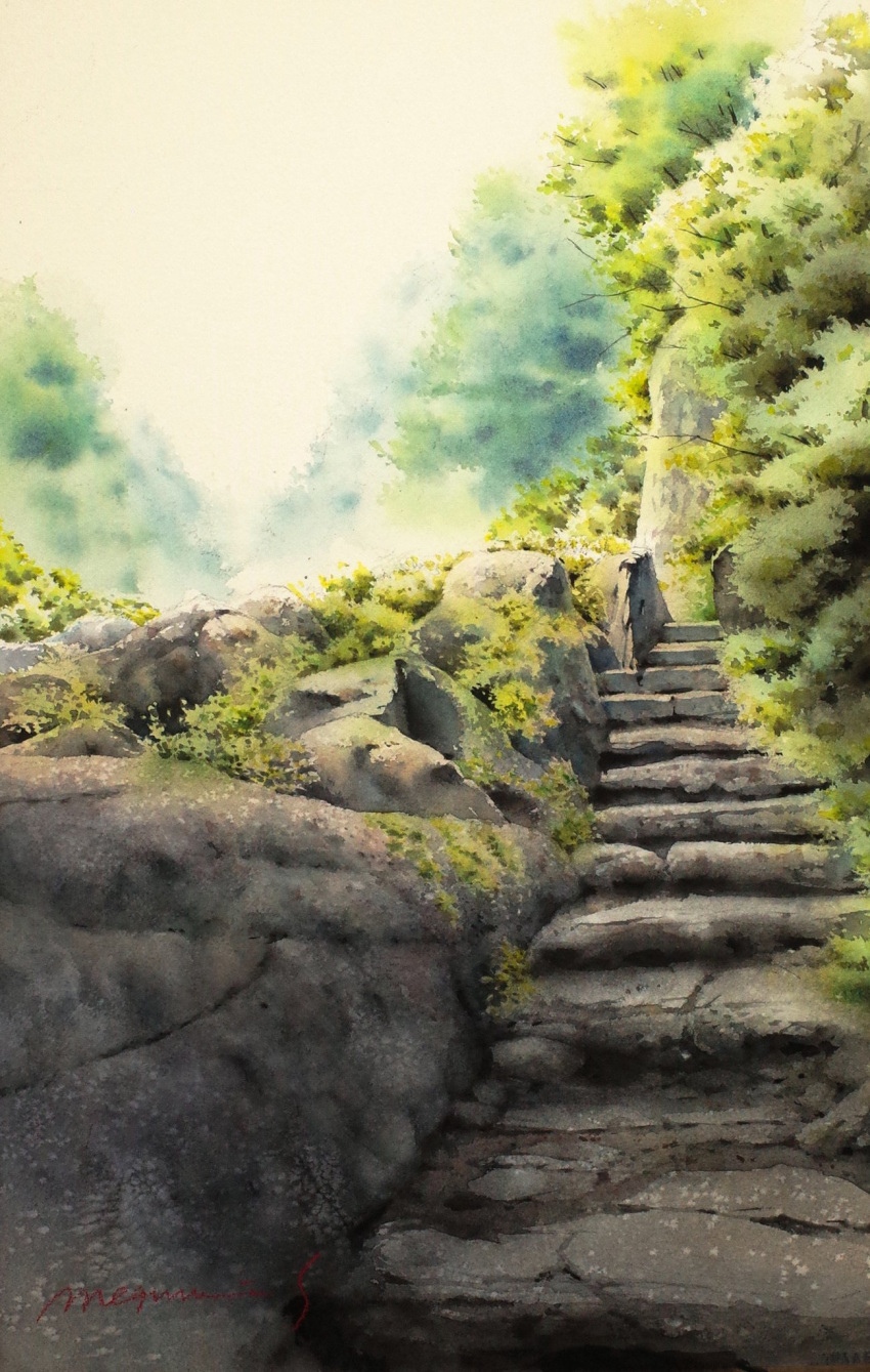 dappled_sunlight day forest highres moss nature no_humans original painting_(medium) path plant scenery shimizu_megumi_(m_acquerello) stairs sunlight traditional_media tree watercolor_(medium)