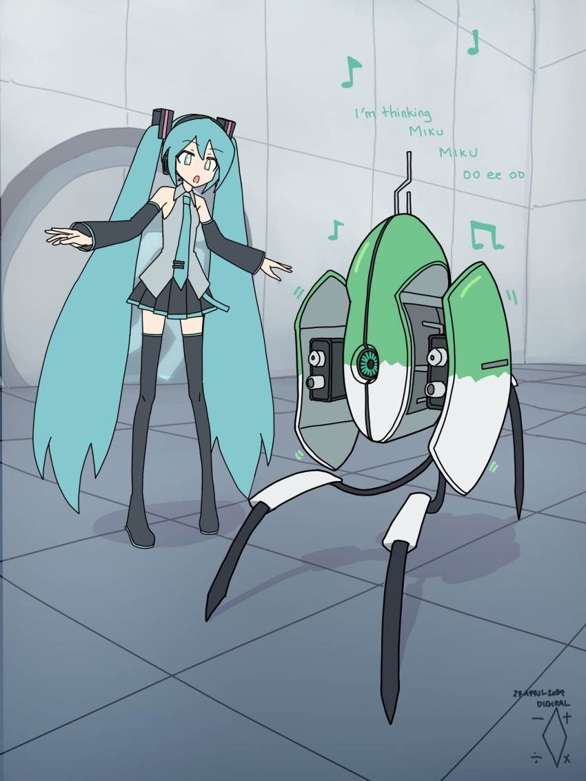 +_+ 1girl :o aqua_eyes aqua_hair aqua_necktie artist_name black_footwear black_skirt black_sleeves boots commentary dated detached_sleeves digiral english_commentary excited full_body grey_shirt hair_ornament hatsune_miku headphones highres long_hair long_sleeves looking_at_another lyrics musical_note necktie outstretched_arms pleated_skirt portal_(series) sentry_turret_(portal) shirt skirt sleeveless sleeveless_shirt solo spread_arms standing thigh_boots tile_floor tile_wall tiles very_long_hair vocaloid zettai_ryouiki