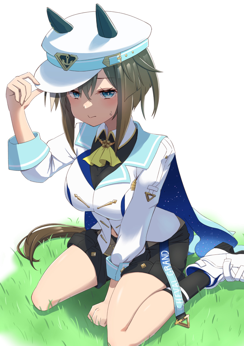 1girl absurdres animal_ears ascot black_shorts blue_eyes breasts brown_hair cheval_grand_(umamusume) closed_mouth commentary_request ears_through_headwear grass hat highres horse_ears horse_girl horse_tail large_breasts long_sleeves looking_at_viewer shoes short_hair shorts simple_background sitting solo tail terumasa_(amanoy) thighs umamusume white_background white_footwear white_hat yellow_ascot