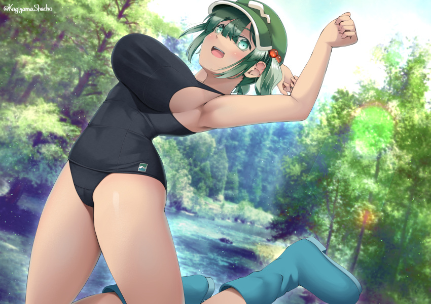 1girl alternate_costume armpits black_one-piece_swimsuit blue_eyes blue_footwear blue_hair blush boots breasts commentary_request day flat_cap full_body green_hat hair_between_eyes hair_bobbles hair_ornament hat highres jumping kagiyama_shachou kawashiro_nitori large_breasts looking_at_viewer medium_hair one-piece_swimsuit open_mouth outdoors river rubber_boots school_swimsuit sideboob sidelocks skindentation smile solo swimsuit touhou tree two_side_up water water_drop