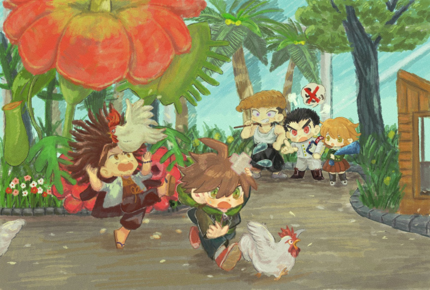 5boys :o ahoge armband bare_arms bare_shoulders bead_necklace beads big_hair bird black_hair black_jacket black_necktie black_pants black_ribbon black_sleeves black_thighhighs blazer blonde_hair blue_pants blush_stickers boots brown_eyes brown_footwear brown_hair brown_skirt buttons chibi chicken clipboard clothes_around_waist coattails collared_jacket collared_shirt crossdressing crossed_bandaids danganronpa:_trigger_happy_havoc danganronpa_(series) denim dreadlocks feathers flower fujisaki_chihiro full_body green_eyes green_hood green_jacket green_sleeves greenhouse grey_footwear grin hagakure_yasuhiro height_difference highres holding holding_blueprints holding_clipboard holding_pickaxe holding_scroll hood hood_down hooded_jacket indoors ishimaru_kiyotaka jacket jacket_around_waist jacket_on_shoulders jeans jewelry knee_boots long_hair long_sleeves looking_at_animal male_focus mary_janes miniskirt multicolored_hair multiple_boys naegi_makoto neck_ribbon necklace necktie open_clothes open_jacket open_mouth open_shirt orange_ribbon orange_tank_top otoko_no_ko outstretched_arm outstretched_leg over_shoulder owada_mondo pants pendant pickaxe pink_flower pitcher_plant plant pleated_skirt pocket pompadour puff_of_air purple_eyes red_armband red_flower red_footwear ribbon running sandals scroll shadow shirt shoes skirt smile sneakers socks spoken_object spoken_x sugi_haeru suit sweatdrop tank_top thick_eyebrows thighhighs two-tone_eyes two-tone_hair v-shaped_eyebrows waist_ribbon weapon weapon_over_shoulder white_flower white_footwear white_jacket white_pants white_shirt white_socks white_suit white_tank_top wide-eyed zipper zipper_pull_tab