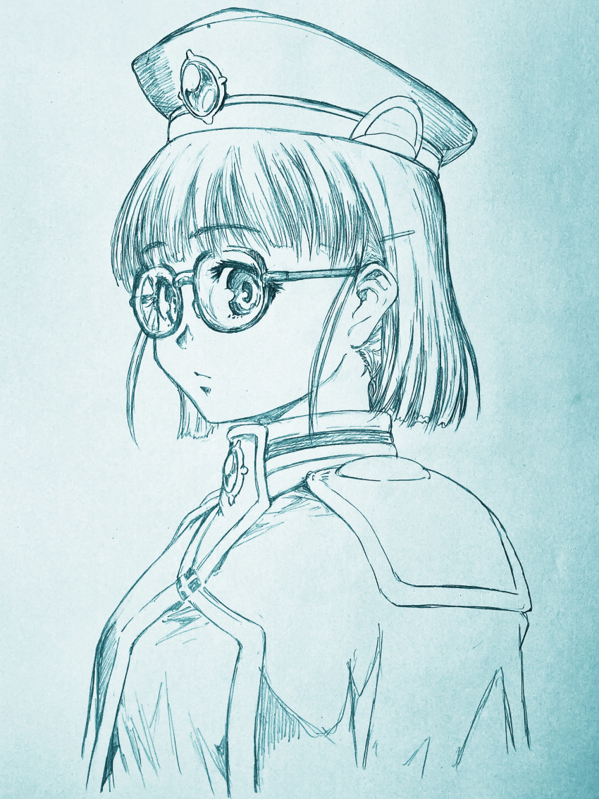 1girl absurdres arms_at_sides beret blue_background bob_cut breasts cloak closed_mouth commentary continental_magic_association_receptionist_(sousou_no_frieren) cropped_torso expressionless from_side gem glasses gmbh gradient_background hat highres looking_at_viewer looking_to_the_side medium_breasts monochrome paper_texture short_hair sidelocks simple_background sketch solo sousou_no_frieren traditional_media white_background