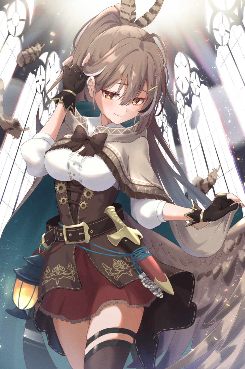 1girl adjusting_hair black_gloves black_hair blush breasts brown_cape brown_corset brown_hair brown_wings cape cape_hold chahanramen closed_mouth commentary corset cowboy_shot dagger falling_feathers feather_hair_ornament feathered_wings feathers gloves hair_between_eyes hair_ornament hairclip highres hololive hololive_english indoors knife looking_at_viewer medium_breasts multicolored_hair nanashi_mumei nanashi_mumei_(1st_costume) partially_fingerless_gloves ponytail red_skirt shirt skirt smile solo streaked_hair sunlight thigh_strap virtual_youtuber weapon white_hair white_shirt wings yellow_eyes