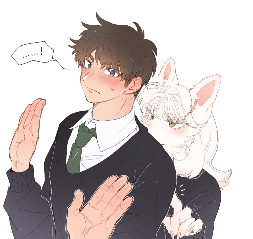 ... 1boy 1girl animal_ears black_sweater blue_eyes blush body_fur brown_eyes brown_hair claws closed_mouth collared_shirt commentary_request dog_ears dog_girl furry furry_female furry_with_non-furry green_necktie hand_blush hand_on_another's_back hand_up hands_up hetero highres interspecies long_hair looking_at_viewer necktie original rata_(norahasu) school_uniform shirt short_hair simple_background sleeves_past_wrists spoken_ellipsis sweater upper_body white_background white_fur white_hair white_shirt