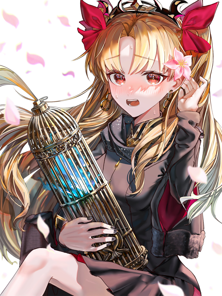 1girl absurdres birdcage black_dress blonde_hair blush cage dress earrings ereshkigal_(fate) ereshkigal_(third_ascension)_(fate) fate/grand_order fate_(series) gold hair_ribbon highres holding holding_cage huo_ting infinity_symbol jewelry layered_sleeves long_hair long_sleeves looking_at_viewer parted_bangs red_eyes red_ribbon ribbon skull skull_ornament solo spirit tiara two_side_up