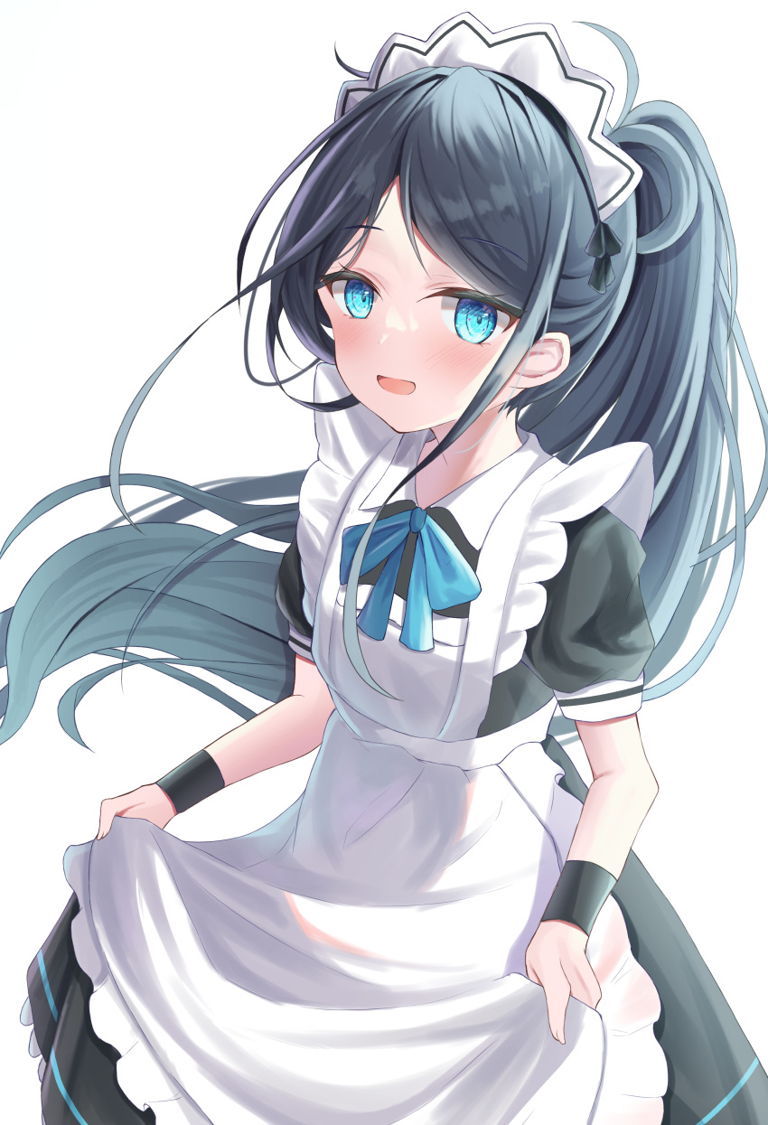 1girl :d absurdres apron aris_(blue_archive) aris_(maid)_(blue_archive) black_hair black_shirt black_skirt black_wrist_cuffs blue_archive blue_eyes blue_ribbon blush commentary_request cowboy_shot floating_hair frilled_apron frills happy highres hutaba_miyagi long_hair looking_at_viewer maid maid_apron maid_headdress neck_ribbon no_halo official_alternate_costume open_mouth parted_bangs ponytail puffy_short_sleeves puffy_sleeves ribbon shirt short_sleeves sidelocks simple_background skirt skirt_hold smile solo tsurime very_long_hair white_apron white_background wrist_cuffs