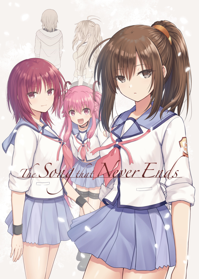 5girls :d ahoge angel_beats! arms_at_sides black_wrist_cuffs blue_sailor_collar blue_skirt blush brown_eyes brown_hair character_request closed_mouth commentary_request cover cover_page cowboy_shot doujin_cover eyes_visible_through_hair falling_petals fang hair_between_eyes highres hisako_(angel_beats!) iwasawa_masami kirisaki_(angel_beats!) long_hair long_sleeves looking_at_viewer medium_hair miniskirt multiple_girls nakamura_hinato neckerchief open_mouth parted_lips petals pink_eyes pink_hair pink_neckerchief pleated_skirt ponytail red_eyes red_hair sailor_collar shirt sidelocks skirt sleeves_rolled_up smile standing thigh_strap tsurime two_side_up white_shirt wrist_cuffs yui_(angel_beats!)