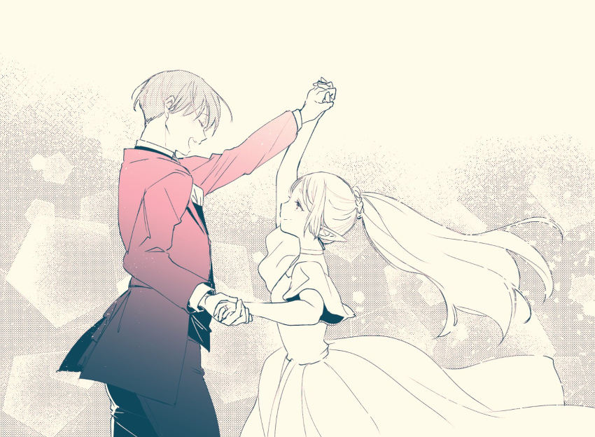 1girl closed_eyes closed_mouth commentary_request dancing dress earrings elf frieren hetero highres himmel_(sousou_no_frieren) holding_hands husband_and_wife jewelry long_hair long_sleeves looking_at_another mikki_(asmp) monochrome open_mouth pointy_ears ring short_hair short_sleeves smile sousou_no_frieren spot_color tuxedo waistcoat wedding_ring