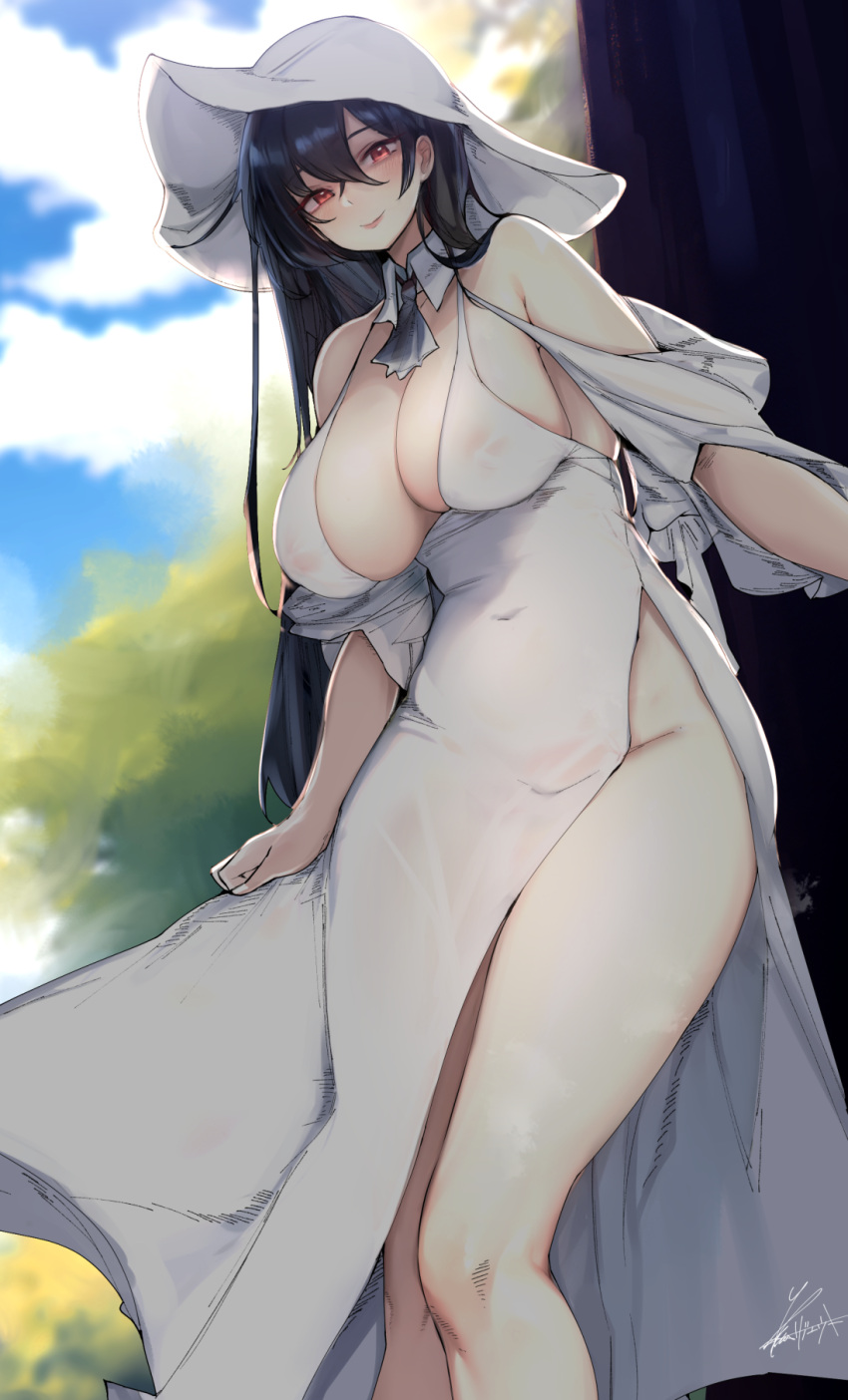 1girl black_hair blurry blurry_background blush breasts curvy dress hat highres large_breasts long_hair looking_at_viewer original outdoors red_eyes rib:y(uhki) signature smile solo thick_thighs thighs white_dress