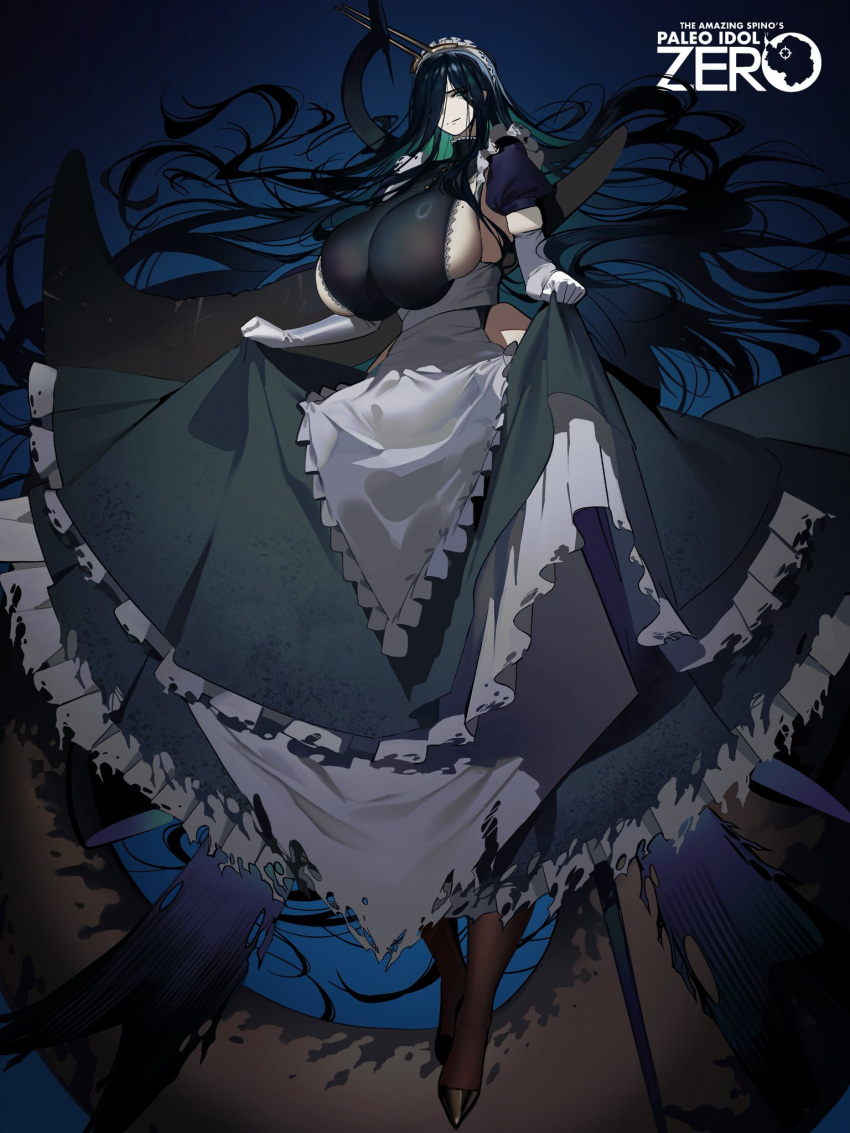 1girl apron black_dress black_hair black_pantyhose breasts brown_footwear clothes_lift colored_inner_hair dress dress_lift elbow_gloves floating_hair gloves green_eyes green_hair hair_over_one_eye highres huge_breasts kamitoge_supino looking_at_viewer maid maid_headdress multicolored_hair one_eye_covered original pantyhose puffy_short_sleeves puffy_sleeves short_sleeves sideboob smile solo white_apron white_gloves