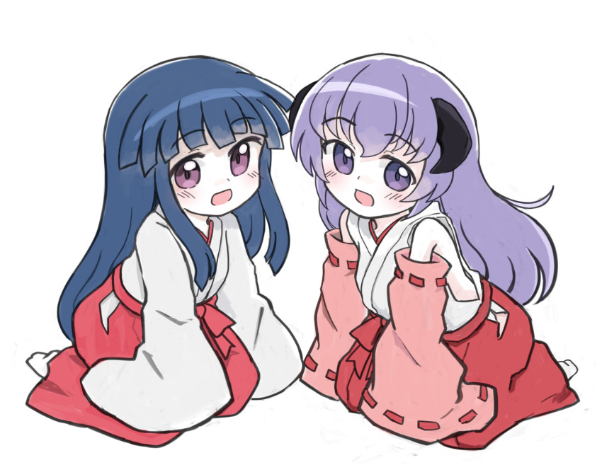 2girls :d bare_shoulders blue_hair blush breasts commission detached_sleeves furude_rika hair_between_eyes hakama hakama_skirt hanyuu highres higurashi_no_naku_koro_ni hip_vent horns japanese_clothes kibisake kimono kneeling long_hair looking_at_viewer medium_breasts miko multiple_girls nontraditional_miko pink_sleeves purple_eyes purple_hair red_hakama ribbon-trimmed_sleeves ribbon_trim simple_background skeb_commission skirt sleeveless sleeveless_kimono sleeves_past_fingers sleeves_past_wrists smile socks very_long_hair white_background white_kimono white_socks wide_sleeves