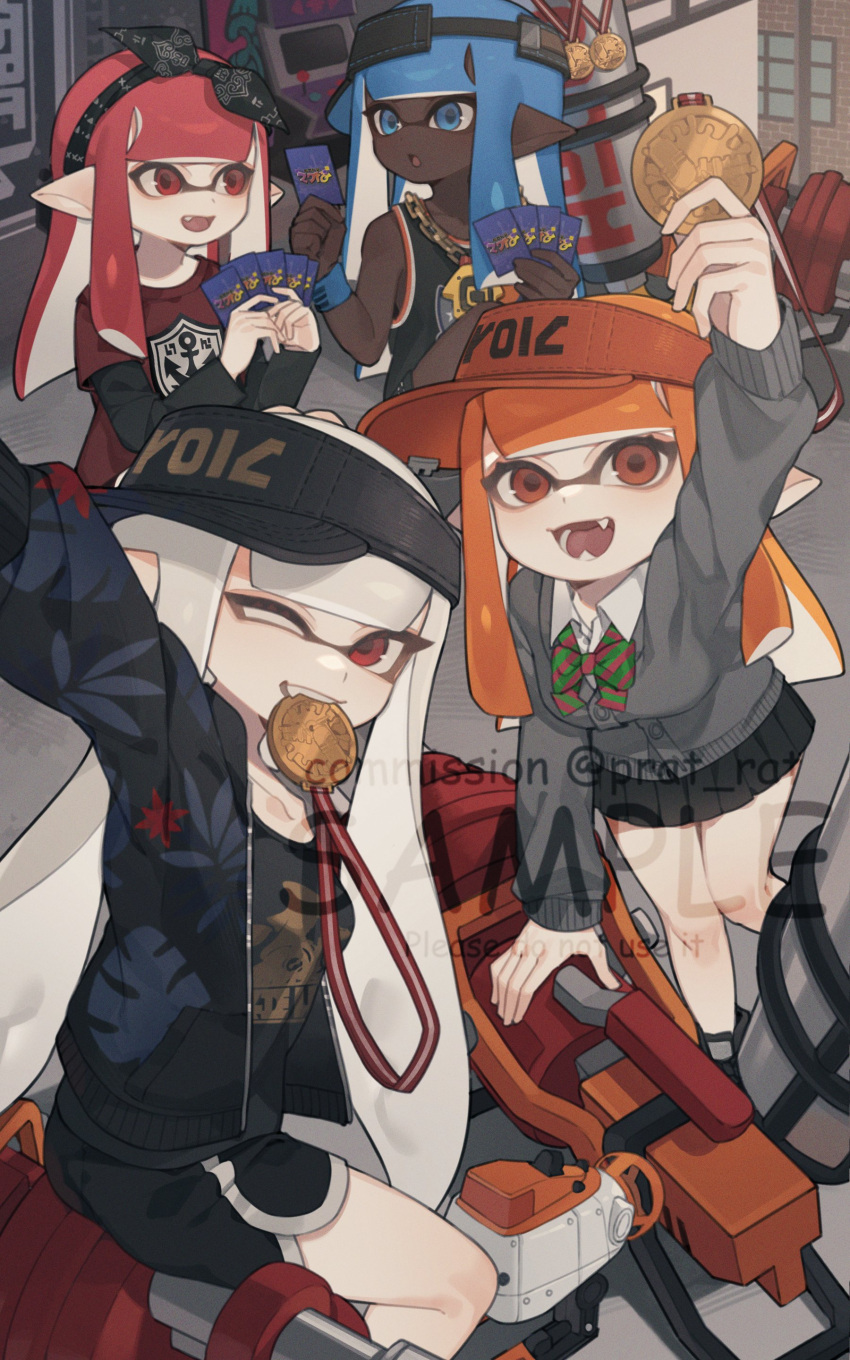 4girls :d absurdres autobomb_(splatoon) bare_shoulders black_bow black_hairband black_hat black_jacket black_shirt black_shorts black_skirt blue_eyes blue_hair blunt_bangs bow bow_hairband bowtie breasts card card_game cardigan chain_necklace collared_shirt commission dark-skinned_female dark_skin dolphin_shorts fangs film_grain grey_cardigan hair_bow hairband hat highres holding holding_card hydra_splatling_(splatoon) inkling inkling_girl inkling_player_character jacket jersey jewelry layered_shirt long_hair looking_at_another looking_at_object looking_at_viewer medallion miniskirt mouth_hold multiple_girls necklace one_eye_closed open_clothes open_jacket open_mouth orange_hair orange_hat playing_card pleated_skirt pointy_ears prat_rat print_jacket print_shirt reaching reaching_towards_viewer red_eyes red_hair red_shirt school_uniform selfie shirt shorts sideways_hat sitting skirt smile splatoon_(series) splatoon_3 striped_bow striped_bowtie striped_clothes table_turf taking_picture very_long_hair visor_cap watermark wave_breaker_(splatoon) white_hair white_shirt white_trim