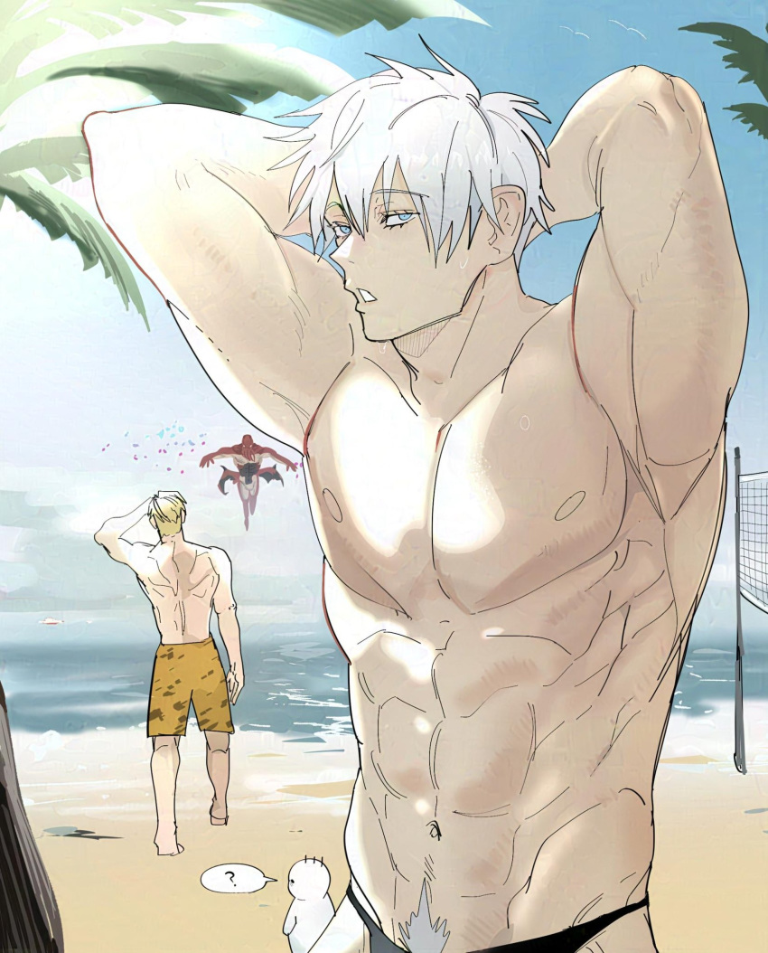 ? abs beach black_male_swimwear blonde_hair blue_eyes bogactivity dagon_(jujutsu_kaisen) day gojou_satoru highres jujutsu_kaisen looking_at_viewer male_focus male_pubic_hair male_swimwear multiple_boys muscular muscular_male nanami_kento ocean outdoors parted_lips pubic_hair sand short_hair sky spoken_question_mark swim_briefs swim_trunks swimsuit topless_male water white_hair yellow_male_swimwear