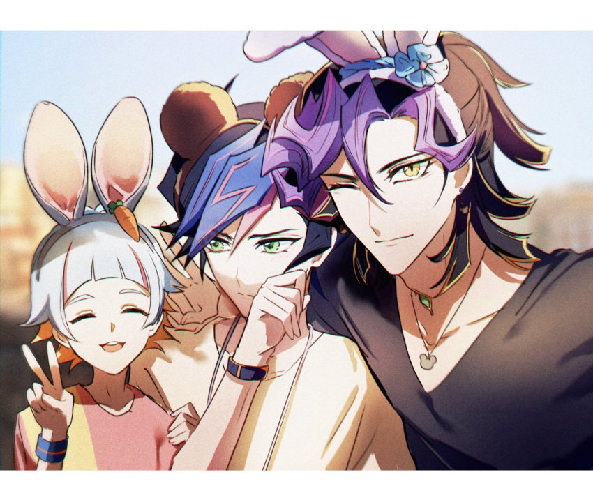 3boys ai_(yu-gi-oh!) alternate_costume animal_ear_hairband animal_ears bad_id bad_lofter_id bear_ears black_hair black_shirt blonde_hair blue_flower blue_hair blue_wristband blurry blurry_background blush carrot carrot_hair_ornament character_request closed_eyes covering_own_mouth day earrings easter embarrassed fake_animal_ears flower food-themed_hair_ornament fujiki_yusaku green_eyes grey_hair hair_flower hair_ornament hairband hand_on_another's_arm hand_over_own_mouth hands_up happy highres jewelry light_smile long_sleeves male_focus medium_hair multicolored_hair multiple_boys naoki_(2rzmcaizerails6) necklace one_eye_closed open_mouth orange_hair outdoors pendant pink_hair purple_hair rabbit_ear_hairband rabbit_ears red_shirt selfie shirt short_ponytail streaked_hair stud_earrings teeth upper_body upper_teeth_only v v-neck yellow_eyes yellow_shirt yu-gi-oh! yu-gi-oh!_vrains