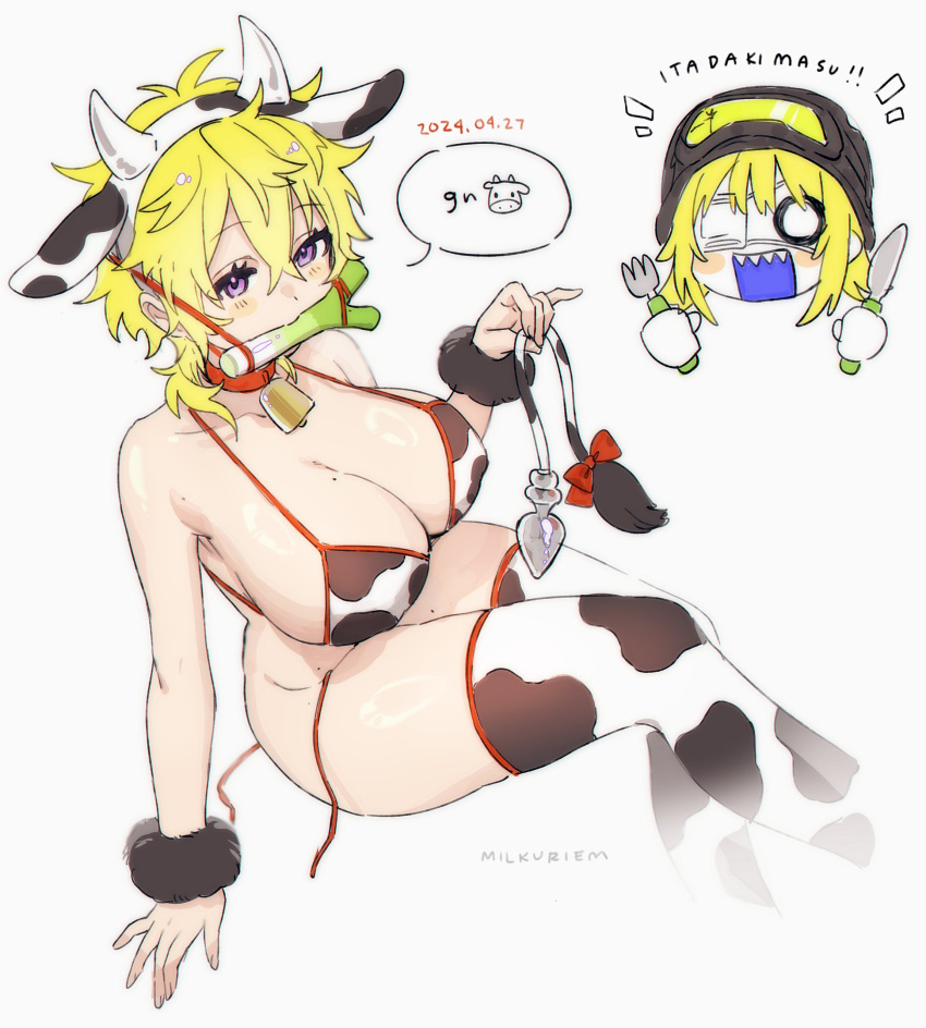 2girls anal_tail animal_print artist_name bikini blonde_hair blush breasts briskadet_(sonny_brisko) cleavage cow_hair_ornament cow_print cow_print_bikini cow_print_thighhighs dated fake_tail fork genderswap genderswap_(mtf) hair_between_eyes highres holding holding_fork holding_knife knife large_breasts looking_at_viewer milkuriem mole mole_on_breast mole_on_thigh multiple_girls nijisanji nijisanji_en open_mouth print_bikini print_thighhighs purple_eyes sharp_teeth short_hair sitting sonny_brisko speech_bubble spring_onion swimsuit tail teeth thighhighs untied_bikini_bottom virtual_youtuber