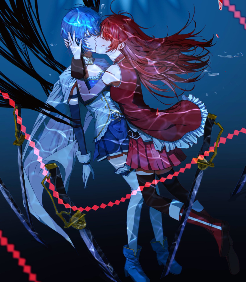 2girls air_bubble black_thighhighs blue_eyes blue_footwear blue_hair blue_shirt blue_skirt boots bubble chinese_commentary closed_eyes commentary_request detached_sleeves gloves highres kiss long_hair mahou_shoujo_madoka_magica mahou_shoujo_madoka_magica_(anime) miki_sayaka multiple_girls pleated_skirt red_footwear red_hair red_shirt red_skirt sakura_kyoko scar scar_on_arm scar_on_face shirt short_hair skirt sword thighhighs tianzhongdouyi1 torn_clothes underwater weapon white_gloves white_thighhighs yuri