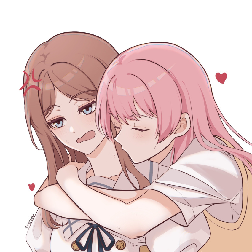 2girls anger_vein bang_dream! bang_dream!_it's_mygo!!!!! blue_eyes blue_ribbon blush brown_hair brown_sweater_vest chihaya_anon chinese_commentary closed_eyes commentary_request haneoka_school_uniform heart highres hug hug_from_behind long_hair multiple_girls nagasaki_soyo neck_ribbon open_mouth pink_hair puffy_short_sleeves puffy_sleeves ribbon sailor_collar school_uniform shirt short_sleeves sidelocks simple_background sweatdrop sweater_vest tsukinomori_school_uniform twitter_username upper_body white_background white_sailor_collar white_shirt yeyep0911 yuri