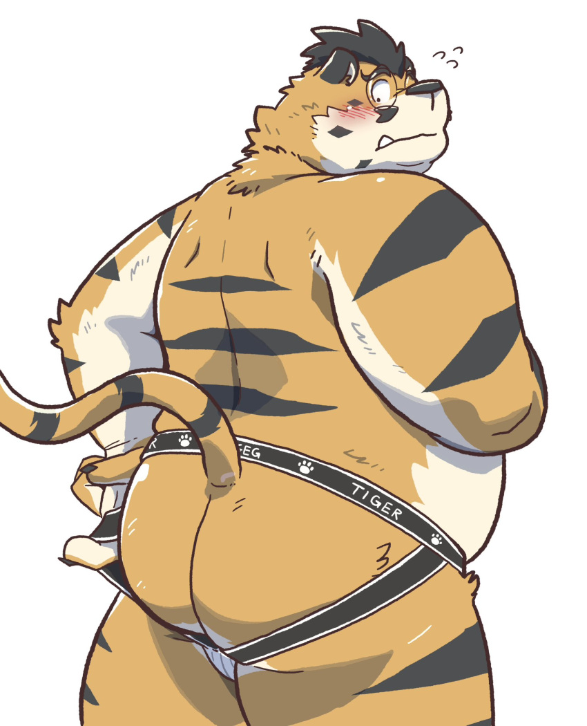 2024 anthro belly blush butt clothing cute_fangs eyewear felid glasses hi_res hon55728 jockstrap kemono male mammal overweight overweight_male pantherine simple_background solo tiger underwear white_background