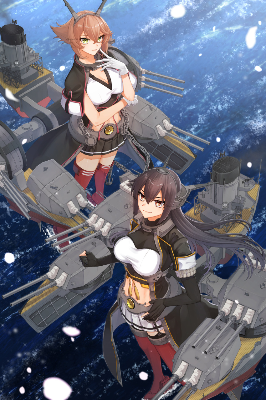 2girls black_gloves black_hair black_skirt breasts brown_hair capelet cleavage clenched_hand closed_mouth elbow_gloves garter_straps gloves green_eyes hand_on_own_hip headgear highres kantai_collection large_breasts long_hair looking_at_viewer machi_(ritovoyage) midriff miniskirt multiple_girls mutsu_(kancolle) mutsu_kai_ni_(kancolle) nagato_(kancolle) nagato_kai_ni_(kancolle) parted_lips partially_fingerless_gloves petals pleated_skirt rigging short_hair skirt smoke standing tassel turret water white_gloves white_skirt