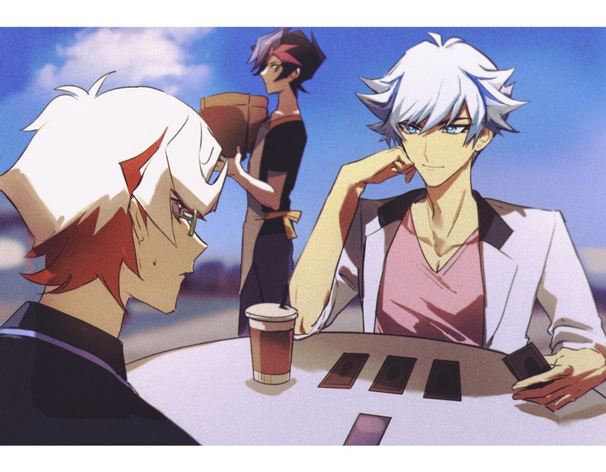 3boys alternate_costume apron bad_id bad_lofter_id black_hair black_jacket blue_eyes blue_hair blue_sky bright_pupils card card_game carrying cloud cloudy_sky coffee coffee_cup collared_jacket cup day disposable_cup drinking_straw earrings elbow_rest expressionless from_behind from_side fujiki_yusaku glasses green-framed_eyewear grey_hair hand_on_own_face hands_up highres holding holding_card homura_takeru jacket jewelry kogami_ryoken light_smile male_focus multicolored_hair multiple_boys naoki_(2rzmcaizerails6) open_clothes open_jacket outdoors pink_hair pink_shirt playing_card red_hair serious shirt short_hair sitting sky spiked_hair stud_earrings sweatdrop table trading_card upper_body v-neck walking white_jacket yu-gi-oh! yu-gi-oh!_vrains