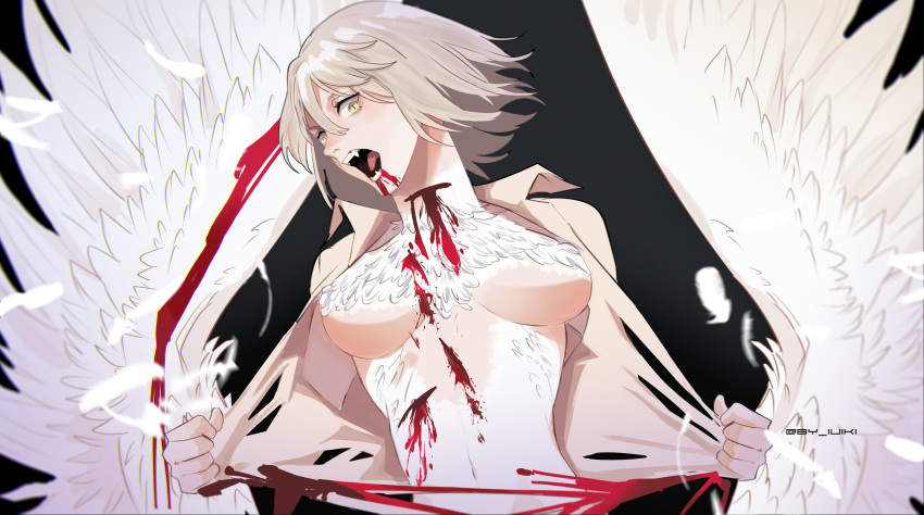 1girl absurdres black_background blood blood_from_mouth blood_on_face blood_on_neck breasts dress_shirt dungeon_meshi english_commentary falin_touden falin_touden_(chimera) feathered_wings feathers hair_between_eyes highres looking_at_viewer luiki medium_breasts navel open_mouth shirt short_hair simple_background slit_pupils solo tearing_clothes teeth tongue torn_clothes twitter_username upper_body white_shirt wings yellow_eyes