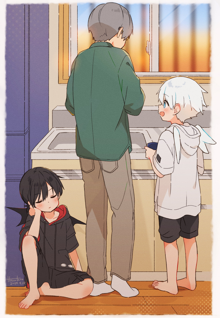 3boys absurdres angel_wings barefoot black_hair black_shorts blue_eyes child commentary_request demon_wings dishes dishwashing far_tarooo highres indoors kitchen male_focus multiple_boys open_mouth original pants shorts sitting standing white_hair wings