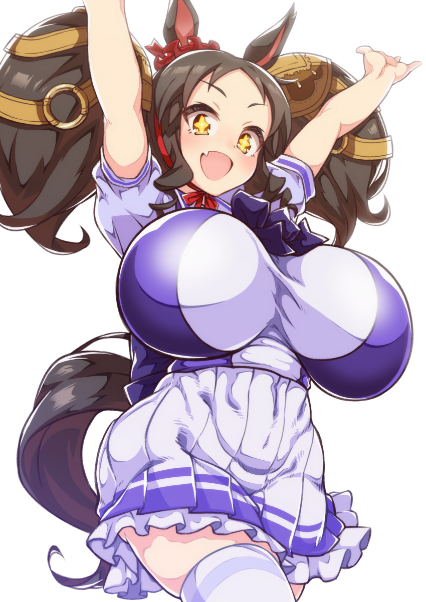 +_+ 1girl :d absurdres alternate_breast_size animal_ears arms_up black_hair breasts brown_hair commentary_request fang highres horse_ears horse_girl horse_tail huge_breasts looking_at_viewer marvelous_sunday_(umamusume) medium_hair open_mouth pleated_skirt school_uniform simple_background skin_fang skirt smile solo tail thighhighs thighs tracen_school_uniform twintails umamusume white_background white_skirt white_thighhighs yellow_eyes yuki_usagi_(agtd5758) zettai_ryouiki